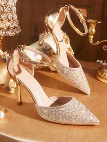 CUCCOO TILAWA Sandalias de tacón alto puntiagudo para mujer, elegantes y de lujo, con strass y diseño calado, para verano, compras, fiestas, oficina y uso diario - Oro rosa - Ver 2
