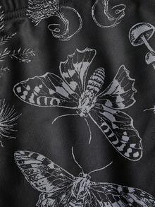 ROMWE Goth 大尺碼女款森林風蛾子多色花卉植物網格印花A字裙 - 黑色 - 查看 3