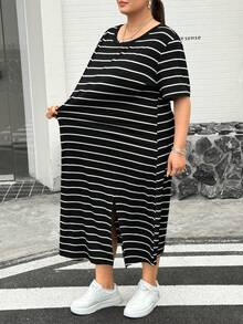 SHEIN CURVE+ 大码女装春夏时尚休闲宽松舒适基础款日常修身开衩黑色条纹短袖中长连衣裙，机场穿搭，复古富家风，教师装，女士教堂礼服，女士夏季穿搭，曲线连衣裙 - 黑與白 - 查看 7