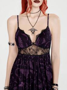 Breakform Women's Spring/Summer Casual Goth Vintage Punk All-Over Print Camisole Dress Night Out Dark Purple - Black - View 3