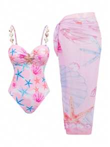 Bonvoyette Baju Renang Pantai Model One-Piece Kontrol Perut Model Konservatif Motif Kerang Terbaru 2026, Set 2 Potong - Berwarna merah muda - View 2