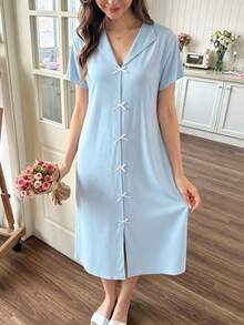 Snug Reverie Women's Casual Lapel Solid Color Ice Silk Bow Short Sleeve Loungewear Dress - Baby Blue - View 1