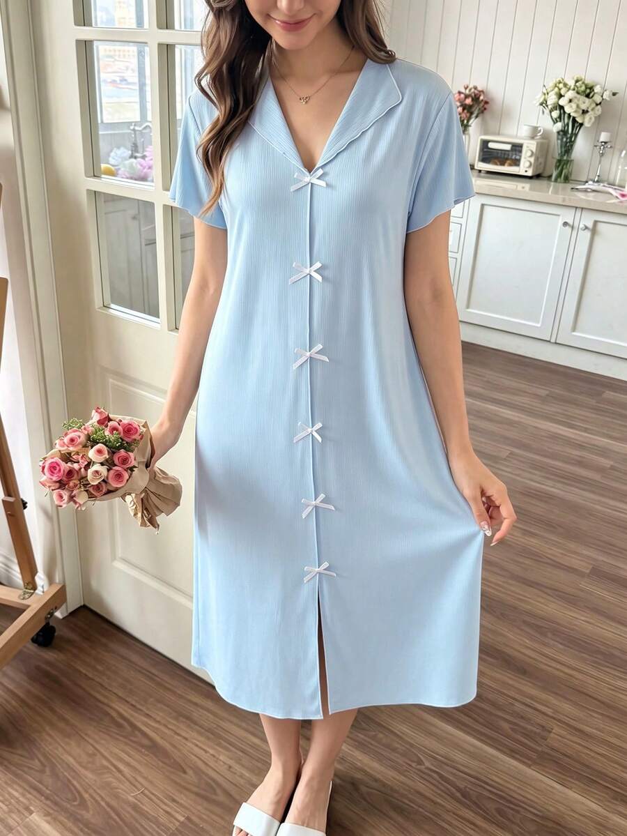 Snug Reverie Women's Casual Lapel Solid Color Ice Silk Bow Short Sleeve Loungewear Dress - Baby Blue - View 1