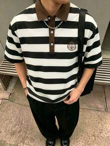 Manfinity Dauomo 休閒時尚男士刺繡鈕扣半開襟條紋T恤 - 黑與白 - 查看 5