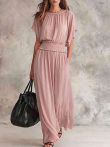 SHEIN Franclia Französisches lässiges fließendes Zweiteiler-Outfit, Sommer Staubiges Rosa Rundhalsausschnitt Fledermausärmel Tailliertes Top + Weite Hose, Alltag Strand Urlaub - Pink - Übersicht 1