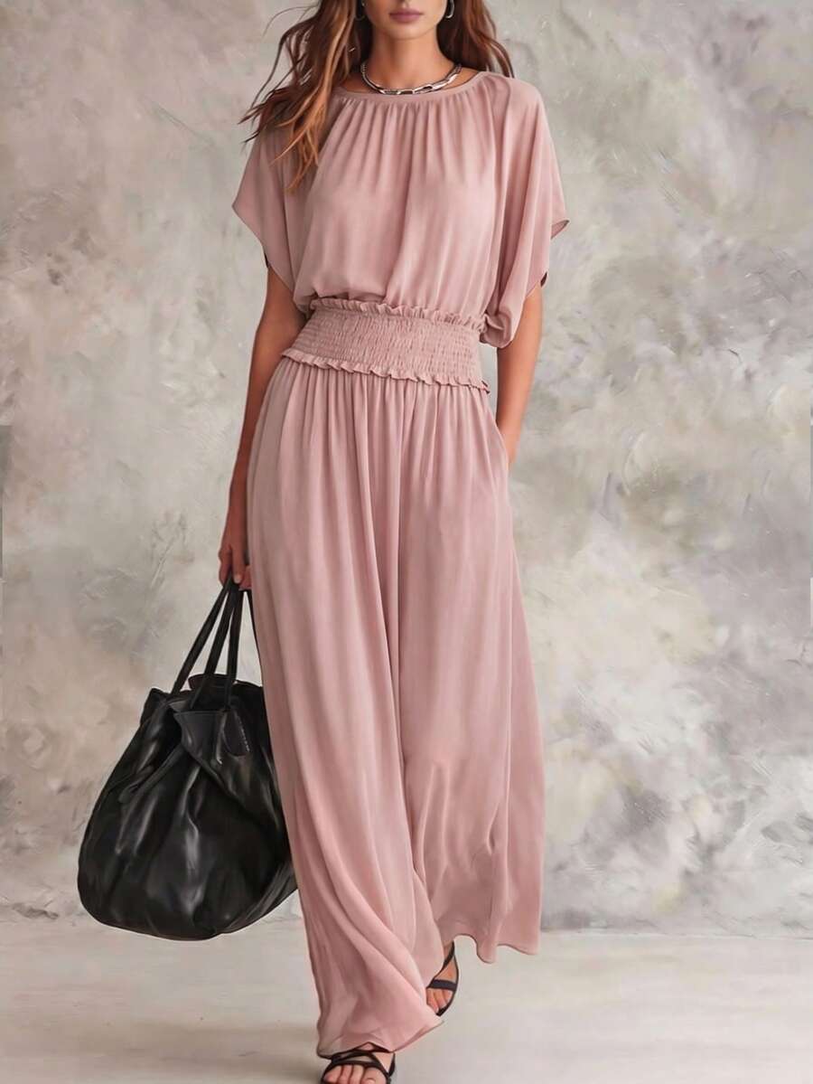 SHEIN Franclia Französisches lässiges fließendes Zweiteiler-Outfit, Sommer Staubiges Rosa Rundhalsausschnitt Fledermausärmel Tailliertes Top + Weite Hose, Alltag Strand Urlaub - Pink - Übersicht 1