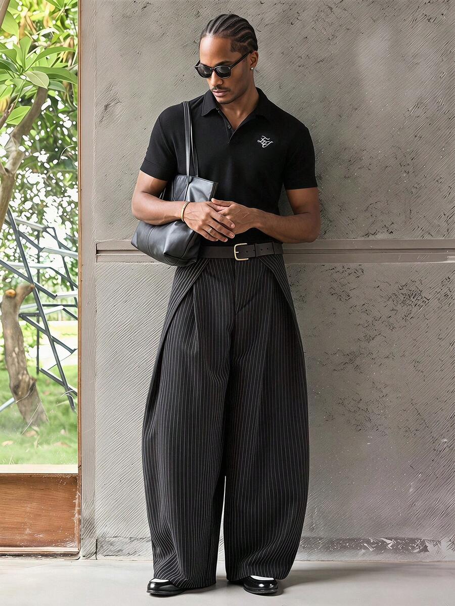 ESTAVOR 男士字母刺繡短袖休閒 Polo 衫 - 黑色 - 查看 1