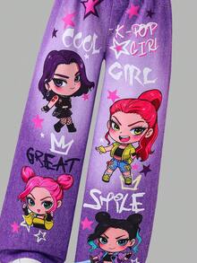 SHEIN 青少年女孩秋季休閒 Y2K 時尚卡通印花牛仔效果彈性腰寬腿褲，寬鬆舒適，適合秋季上學穿著 - 紫色 - 查看 4