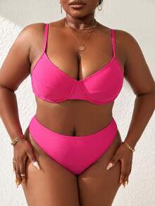 Slaydiva Setelan Baju Renang Bikini Dua Potong Seksi Modis Warna Polos untuk Wanita Ukuran Plus di Pantai Musim Panas - Hot Pink - View 1