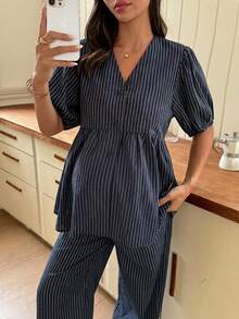 Dazy Maternity Fashion Striped Set Loose Short Sleeve Top Long Casual Pants Daily Wear Maternity 2 Pieces Set Summer - Navy Blue - View 6