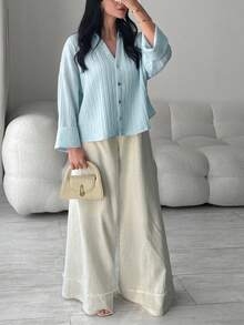 Modelyn 大尺碼女款素色長袖單排扣休閒襯衫 - 藍色 - 查看 6