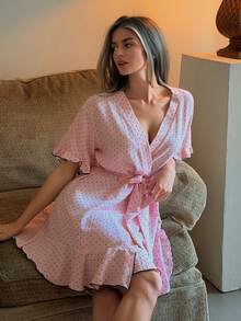 DAZY Women's Polka Dot Print Ruffle Hem Nightgown - Pink - View 1