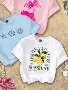 Attitoon 女款 3 件組修身短版 T-shirt－檸檬花卉；海灘/度假風；返校季；健身房/度假/軟妹風 - 彩色 - 查看 4