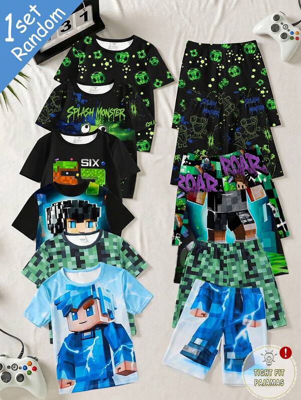 [Randomly Sent 1 Set]Tween Boys Pajamas Spring/Summer New Hot-Selling Sports Football, Game World Block Dinosaur, Fun Number 67, Funny Frog Print, Tight Fit Short Sleeve & Shorts Pajama Set 1 Top + 1 Bottom