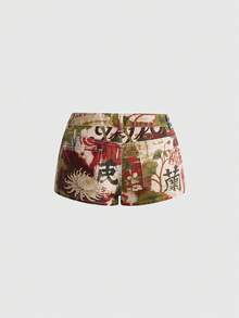ROMWE Vintage New Chinese Style Chinese Character & Floral Collage Design Ultra Low Waist Mini Denim Shorts - Multicolor - View 2
