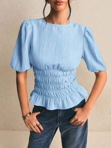Poéselle 女款純色圓領百褶休閒百搭日常穿著上衣 - 淺藍色 - 查看 7