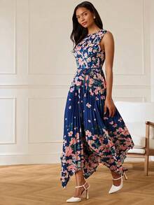 Lilora Floral Round Neck Pleated Dress, High-End Fashion Versatile Elegant Dress, Suitable For Commuting, Daily Tea Party Casual, Outings, Gatherings - Multicolor - View 6