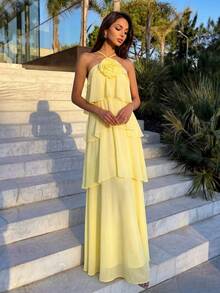 Firerie Elegantes romantisches Damen Chiffon-Kleid mit Blumenmuster, mehrlagigem Volant und rückenfreiem Design, geeignet für Hochzeitsgäste, Geburtstagsfeiern, Bankette, Urlaub, Dates - Gelb - Übersicht 7