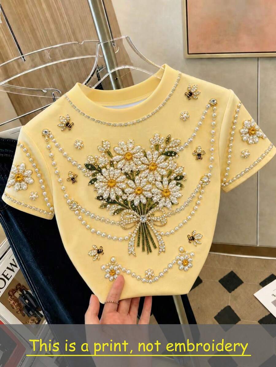 Resyla Kaos Wanita Lengan Pendek Leher Bulat Berhiaskan Mutiara Elegan untuk Musim Panas