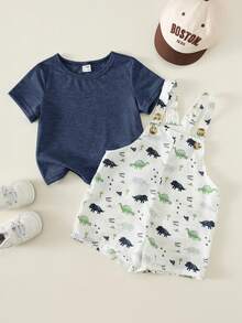SHEIN 2pcs/Set Baby Boy Summer Cute Versatile Casual Fun Print Pattern Tank Top & Shorts Knit T-Shirt Set, Overall Shorts 2-Piece Set, Dinosaur Outfit, Cute Outfit, Children's Day Outfit - Multicolor - View 4