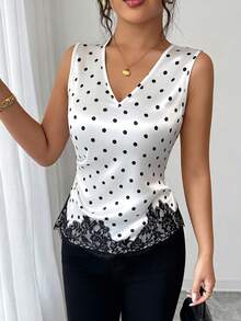 Elenzga V-Neck Polka Dot Tank Top Women's V-Neck Sleeveless Top, Waist Ruched, Polka Dot Pattern, Asymmetric Lace Spliced Hem, French Elegant Casual Style, Versatile For Daily Outdoor Commute - Black and White - View 7