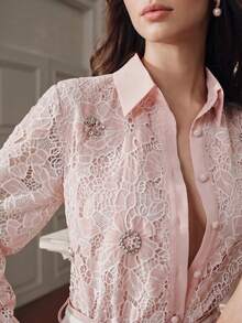 Anewsta Women's New Elegant Long Sleeve Blouse With Handmade Positioned Rhinestone Decor, Fashionable Luxury Design - Pink - View 2
