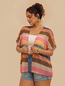 SHEIN VCAY Plus Size Women's Striped Colorblock Casual Vacation Travel Kimono Cardigan - Multicolor - View 4
