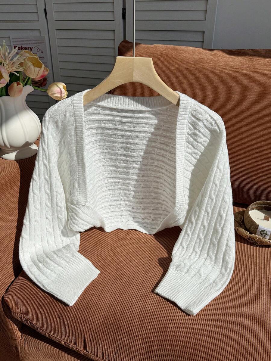 SHEIN 女童 8-12 歲米白色輕量超短版長袖開襟衫 校園告別式秋季日常休閒街頭風