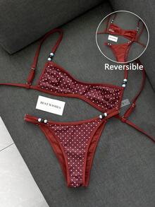 Swim Mod Setelan Baju Renang Wanita 2 Potong, Seri Summer Sweet, Motif Garis Biru dan Cokelat Bolak-balik dengan Hiasan Manik-manik - MultiWarna - View 1