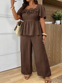 SHEIN Frenchy Plus Size Vacation Casual Elegant 3D Floral Decor Shirt Pants 2 Pieces Set Tea Party Chocolate Brown Summer - Brown - View 8