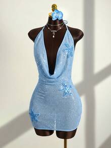 SHEIN Swim 女款亮片海星貼花垂領披肩式罩衫洋裝 - 淺藍色 - 查看 5