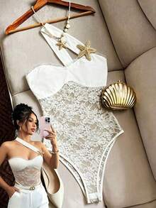 Franclia 度假海灘透視蕾絲拼接海星裝飾連身泳衣 - 米色 - 查看 4