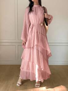 Solavon New Ruched Multi-Layer Flounce Cinched Waist Flowy Beach Dress, Flattering And Suitable For Vacation And Beach Unlined Sleeves - Pink - View 8