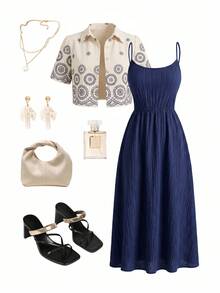 Ellevyn Women's  Summer Elegant  Sets Short Sleeve Shirt & Cami Dress 2 Pieces Set Beach Sets Travel Clothes Casual Country Set - Blue and White - View 1
