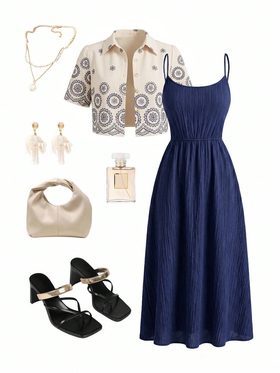 Ellevyn Women's Summer Elegant Sets Short Sleeve Shirt & Cami Dress 2 Pieces Set Beach Sets Travel Clothes Casual Country Set - Blue and White - View 1