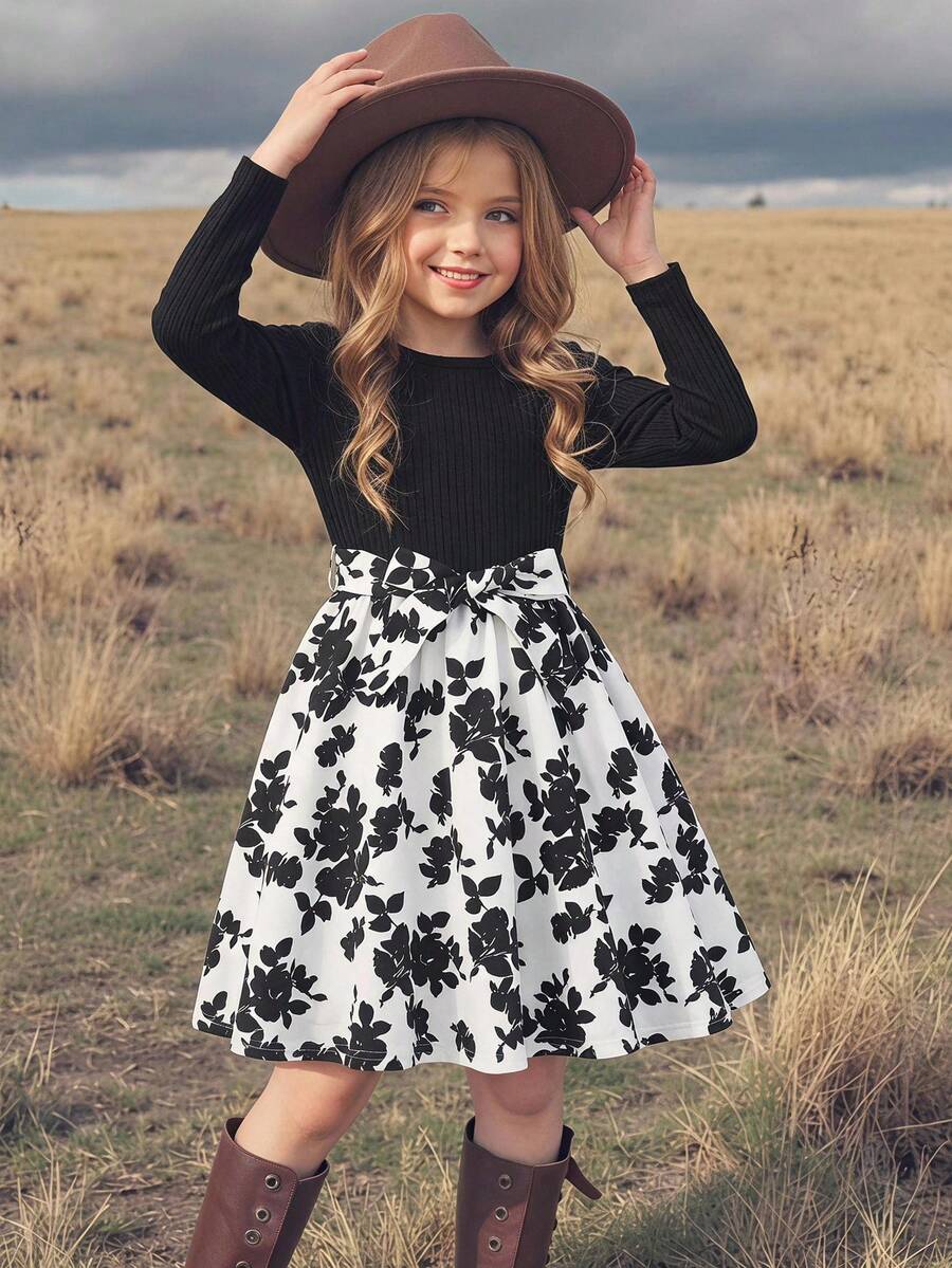 Emery Rose Kids Emery Rose Kids 女童針織圓領拼接豹紋修身休閒洋裝，大花朵長袖洋裝，適合春、秋、冬 - 彩色 - 查看 1