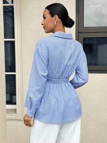 MaterniWear Women's Maternity Blue And White Striped Long-Sleeve Button-Front Shirt (Autumn) Social Blouse Fall - Blue - View 5