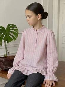 DAZY Round Neck Long Sleeve Striped Loose Casual Shirt With Ruffle Design For Tween Girls Fall - Pink - View 2
