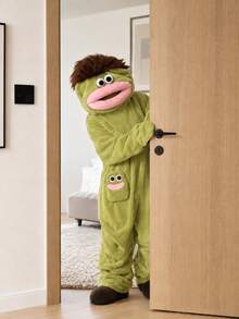 1Pc Cartoon Big Mouth Monster Funny Couples Pajamas, Unisex Winter Thick Coral Fleece One-Piece Loungewear, Cute Comfy Flannel Home Sleepwear For Men Women - Multicolor - View 3