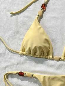Swim Mod Women's Solid Color Halter Neck Metal Decor Sexy Bikini Set, Spring/Summer - Yellow - View 4