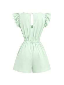 SHEIN Clasi Women's New Woven Black V-Neck Flutter Sleeve Metal Button Waist Cinched Casual Commute Jumpsuit - Green - View 2