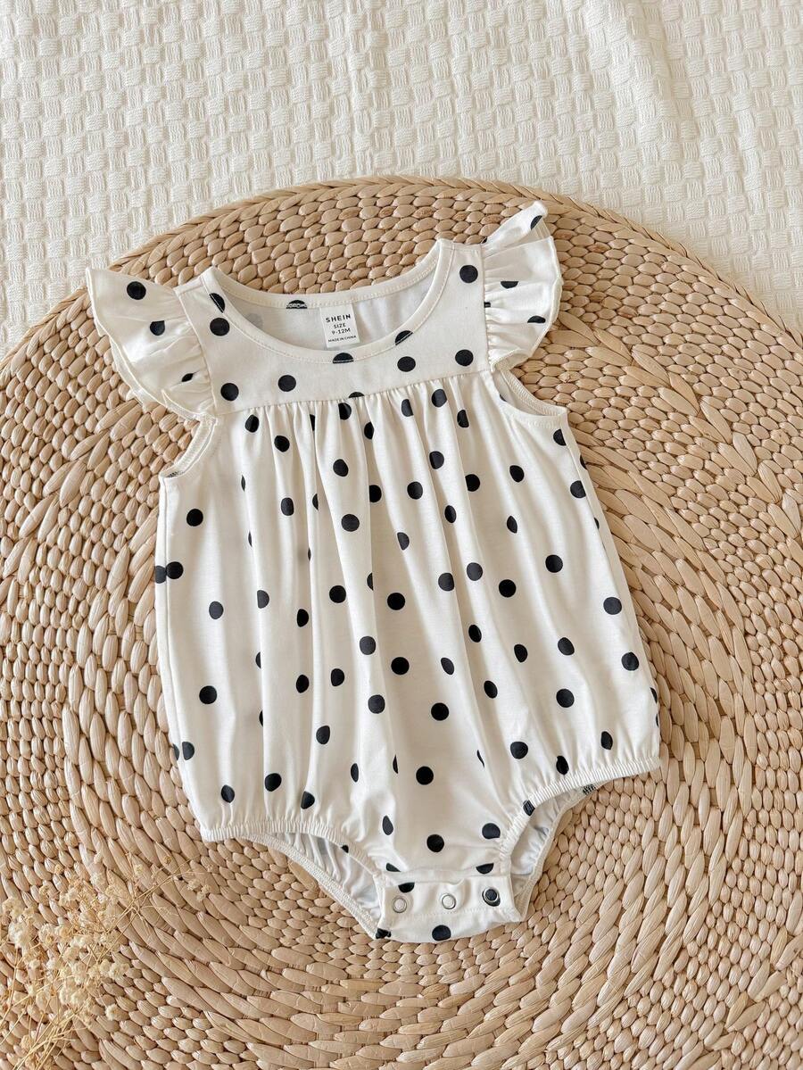 SHEIN LMoss Kids 新生女嬰可愛夏季休閒波點圖案荷葉袖連身衣 - 米色 - 查看 1