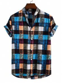 Manfinity Homme Camisa de manga corta con cuello alto y abotonadura sencilla a cuadros para hombre (corte aleatorio) - Multicolor - View 1