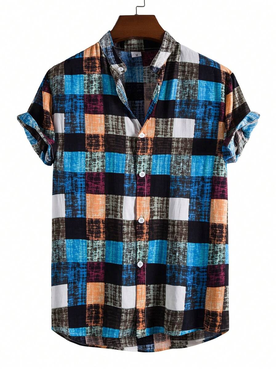 Manfinity Homme Camisa de manga corta con cuello alto y abotonadura sencilla a cuadros para hombre (corte aleatorio) - Multicolor - View 1