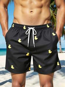 Surfspeed Men's Vacation Cartoon Duck Print Drawstring Waist Beach Shorts Holiday / Vacation / Beach / Hawaii / Tropical / Swim /  Bathing - Black - View 4