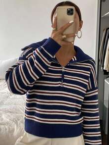 DAZY 商務休閒條紋長袖半拉鍊套頭衫 - 藏蓝色 - 查看 4