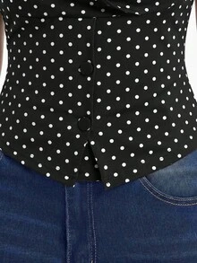 Radiana Black And White Polka Dot Print Sleeveless Cropped Top Draped Neckline Button Details 80s 90s Sexy Going Out Club Dinner Date Night Party Summer - Black - View 4