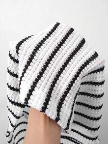 2pcs/Set Teen Boys Casual Textured Fabric Half-Button Shirt & Striped Shorts Outfit, Simple & Comfortable For Daily Commute, Vacation And Outings - Black and White - View 5