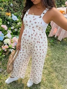 SHEIN 孕婦小碎花牛仔吊帶褲 - 白色 - 查看 3