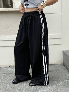 Muchica 大尺碼女款彈性腰拼色休閒百搭日常穿著長褲 - 黑色 - 查看 1